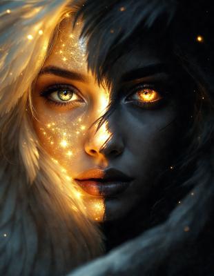 The primary subject of the image is a woman with a unique and striking appearance. She has two faces, one with blue eyes and the other with yellow eyes, which creates a visually striking contrast. The setting is a dark background, which further emphasizes the woman's features. The visual style of the image is a digital art or illustration, showcasing the woman's unique features in a creative and artistic manner. The colors and mood of the image are dramatic and mysterious, with the woman's eyes